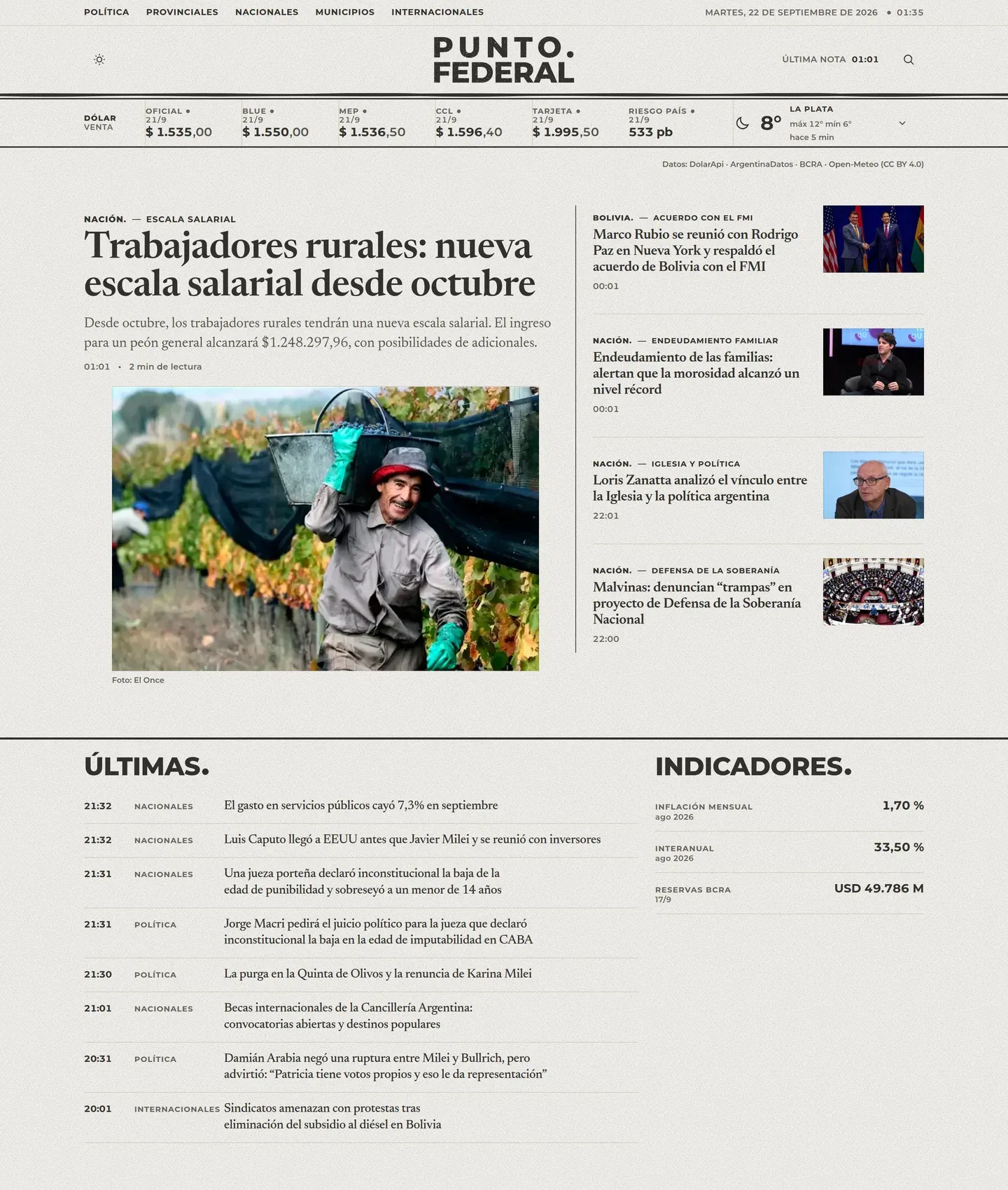 Portada de Punto Federal en escritorio, monocroma, con la franja de servicios arriba