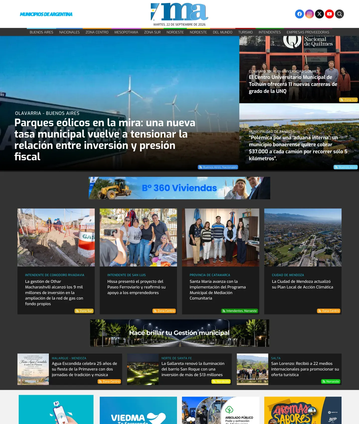 Portada de Municipios de Argentina en escritorio, con la nota principal sobre parques eólicos