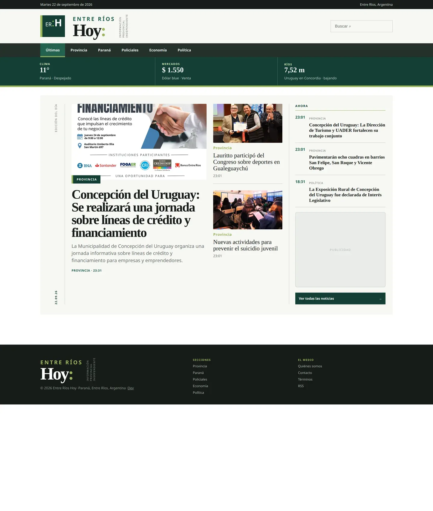 Portada de Entre Ríos Hoy en escritorio, con la franja de clima, mercados y ríos