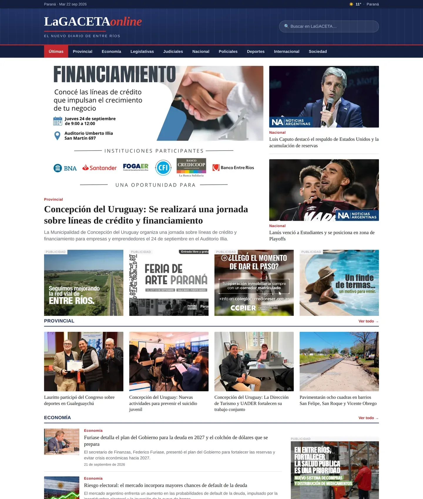 Portada de La Gaceta Online en escritorio, con la nota principal y la columna de últimas