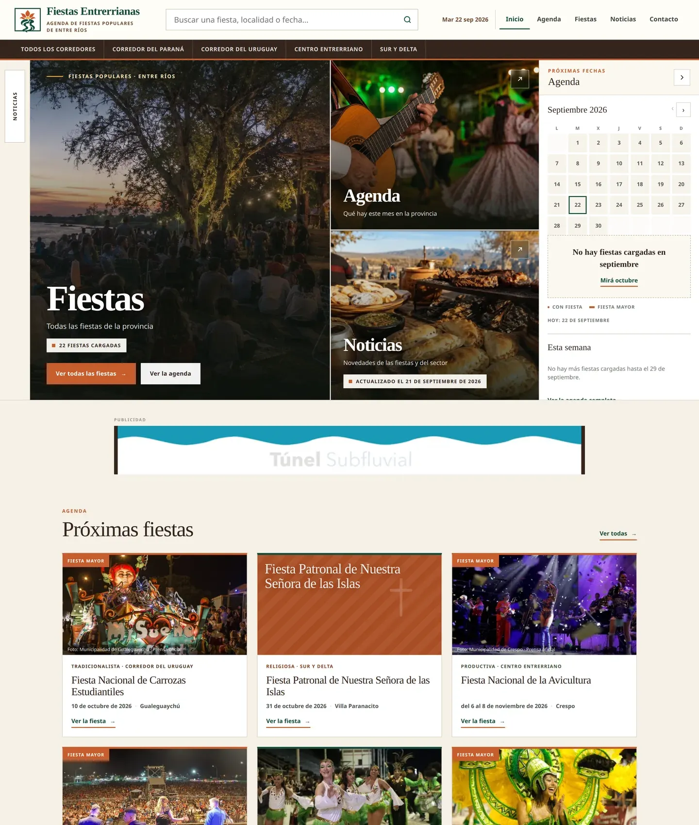 Portada de Fiestas Entrerrianas en escritorio, con las tres puertas y el calendario de agenda